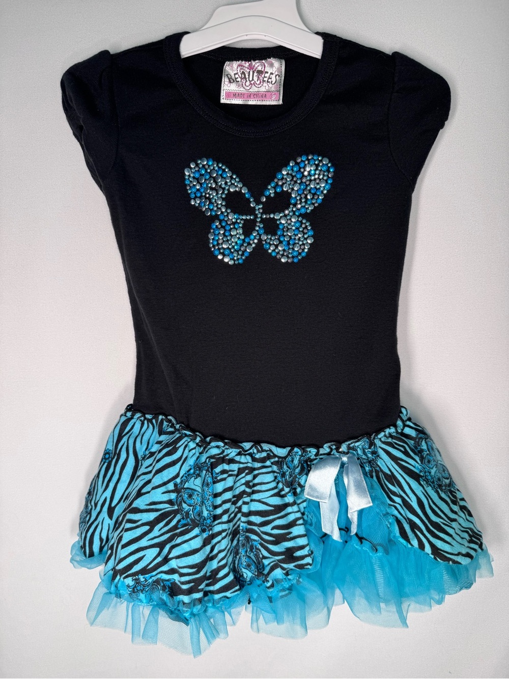 💜3/$15 Beautees Black & Blue Rhinestone Butterfly Zebra Print Tutu Dress 3T